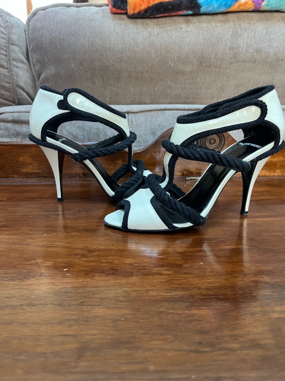 Pierre Hardy Black and White Rope-Strap Stilettos